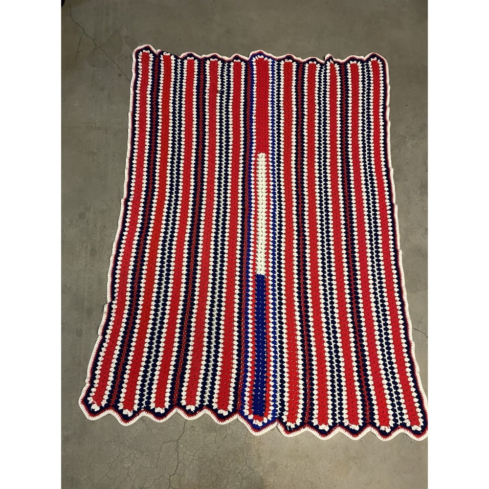 Vintage‎ Patriotic Crochet Afghan 68"x52" Red White Blue Blanket Handmade USA